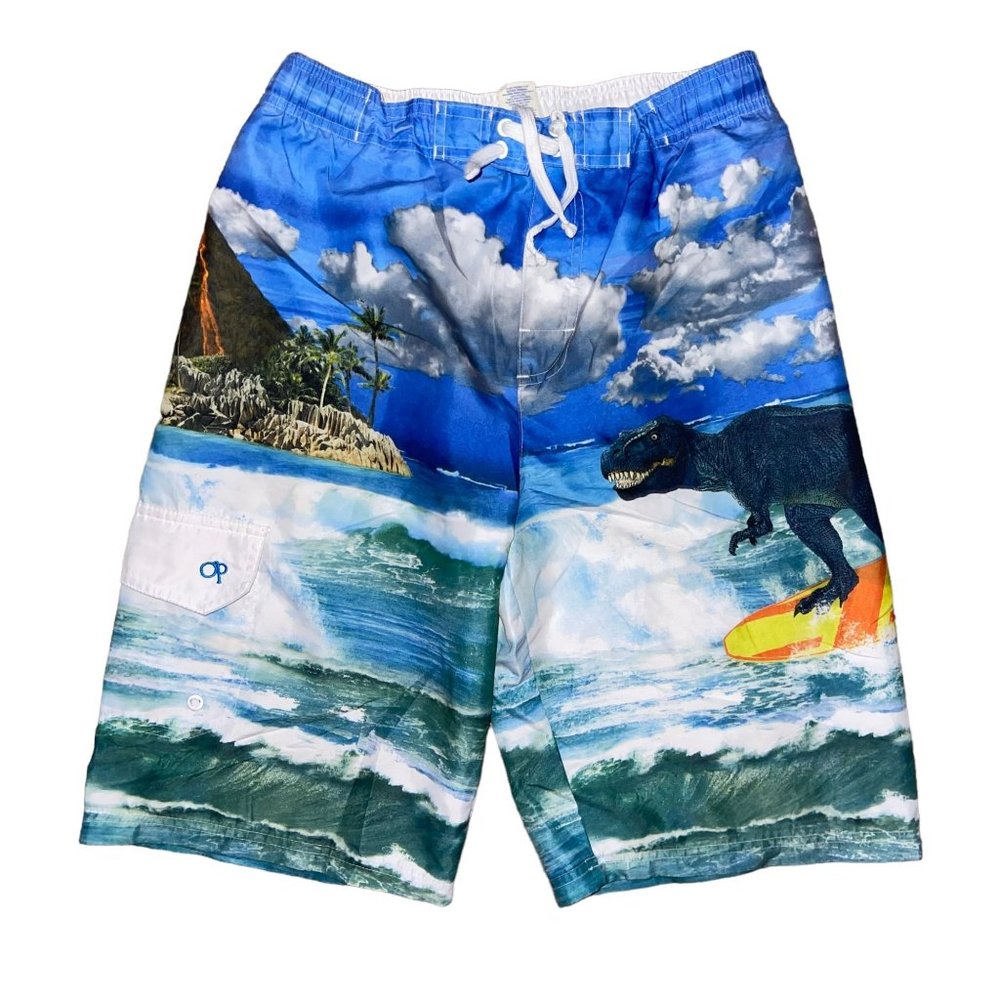 OP Ocean Pacific Big Boys Swim Trunks XXL 18 Surfing Dinosaur TRex Ocean Island